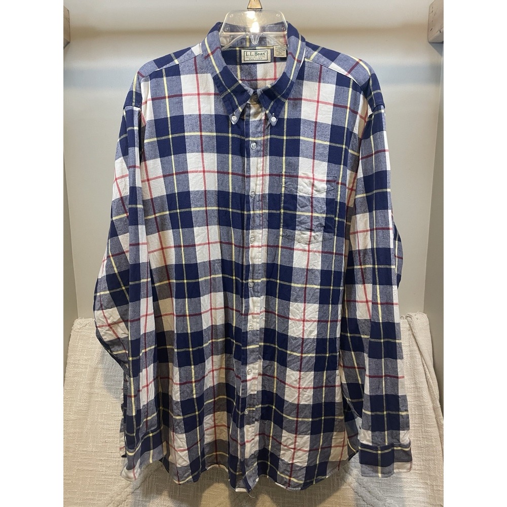 LL Bean Vintage Men's White Navy Red Cotton Flannel Button Shirt XXL Cabincore